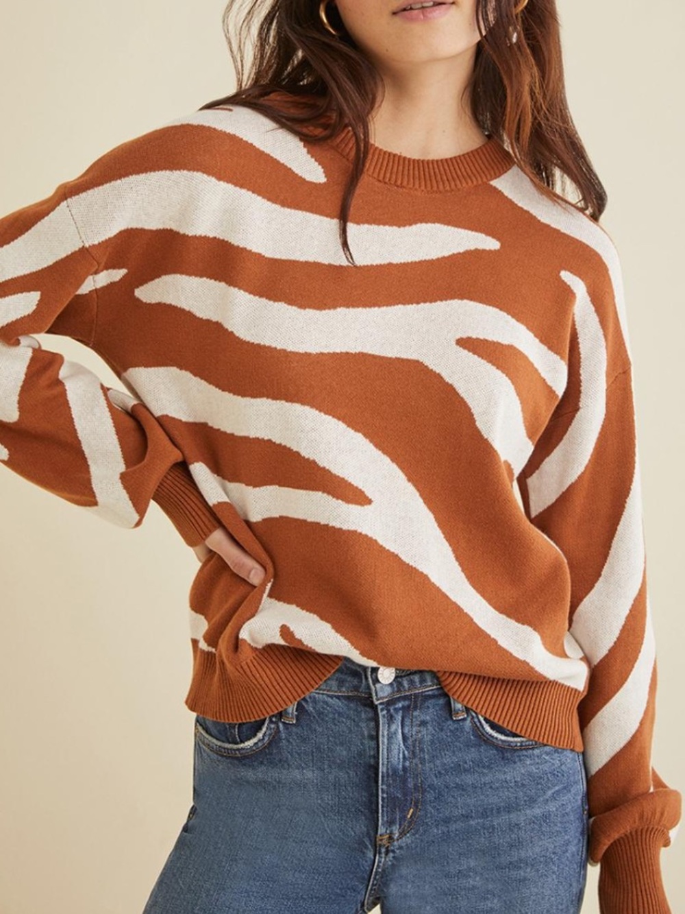 Amour Vert Adelola Crewneck Zebra Print Rust and Cream Sweater XS